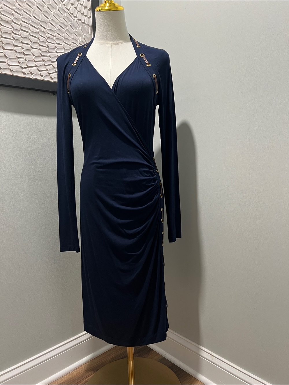 Carmen Marc Valvo Navy Long-Sleeve Wrap Midi Dress with Grommet Detail